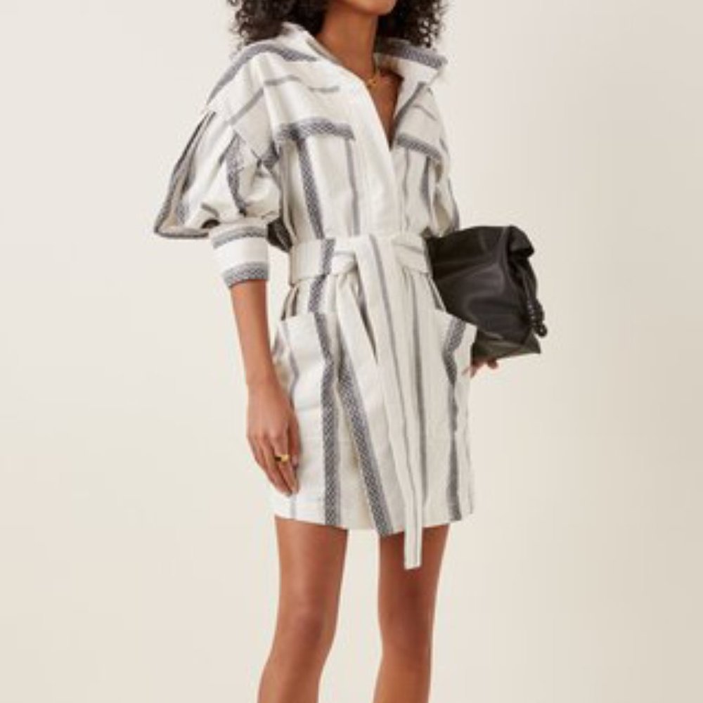 ACLER - Kingsway' Belted Balloon Sleeves Mock Neck Stripe Dress In Ink Stripe